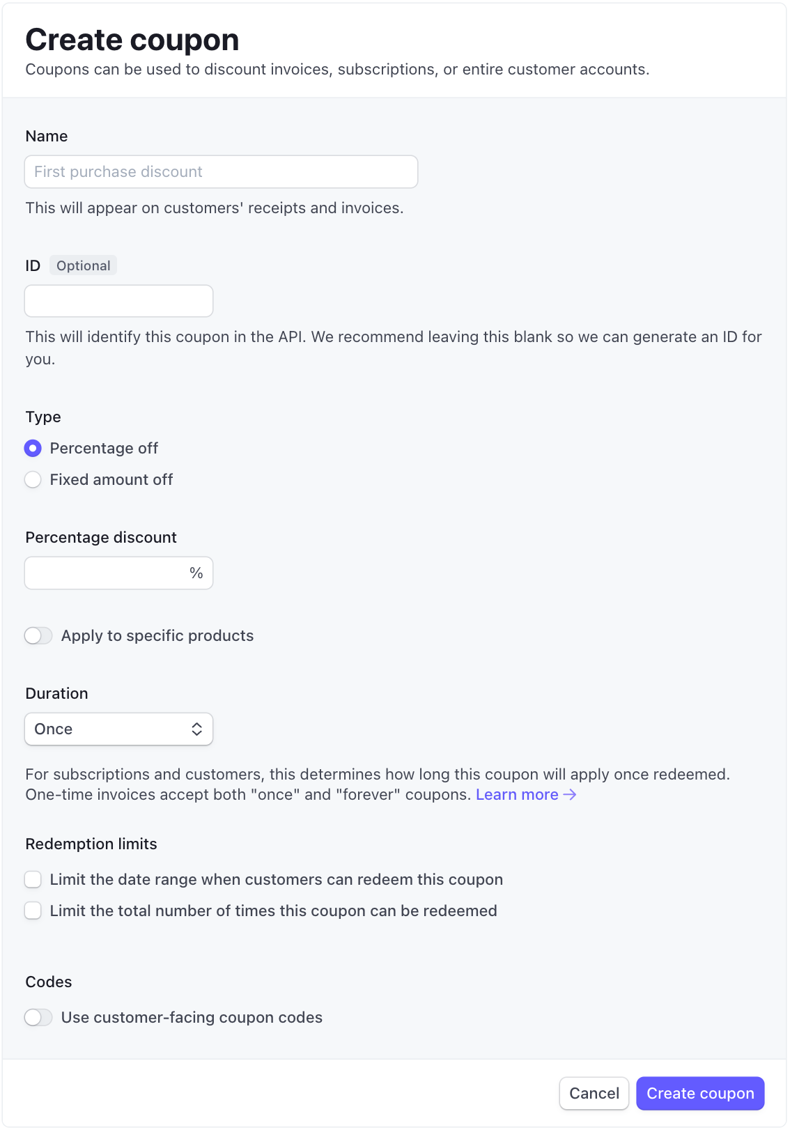 Coupon Form in Stripe